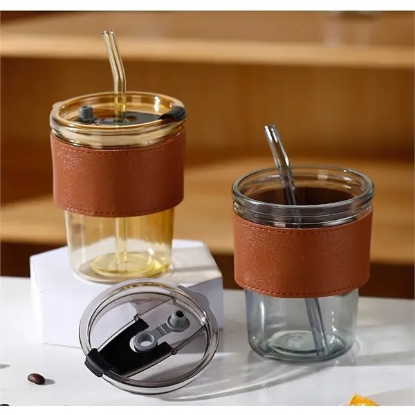 13oz Glass Cup Lid Straw PU Leather Sleeve Coffee Mug