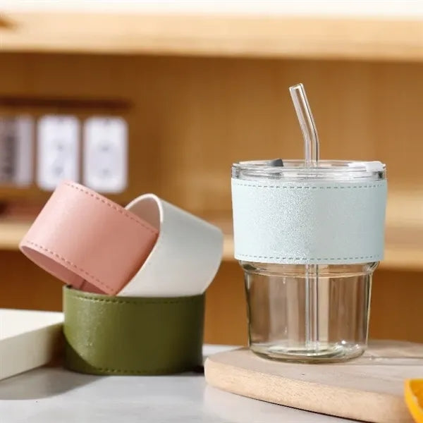 13oz Glass Cup Lid Straw PU Leather Sleeve Coffee Mug