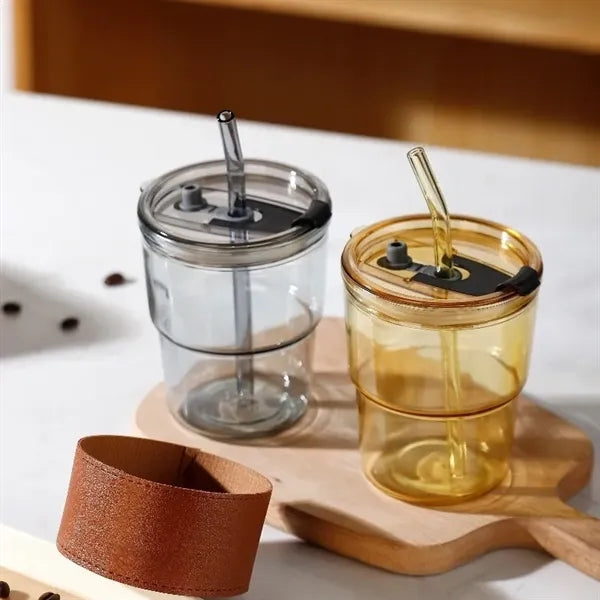 13oz Glass Cup Lid Straw PU Leather Sleeve Coffee Mug