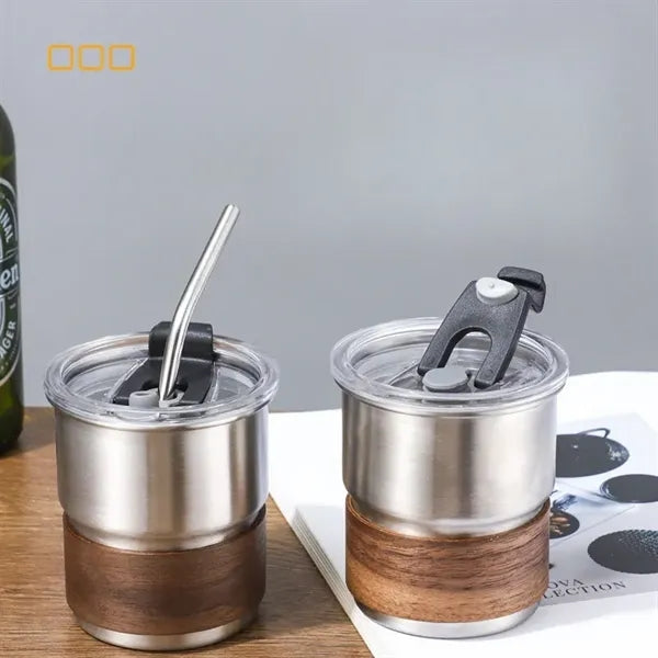 10oz Stainless Steel Cup Lid Straw Wood Sleeve Coffee Mug