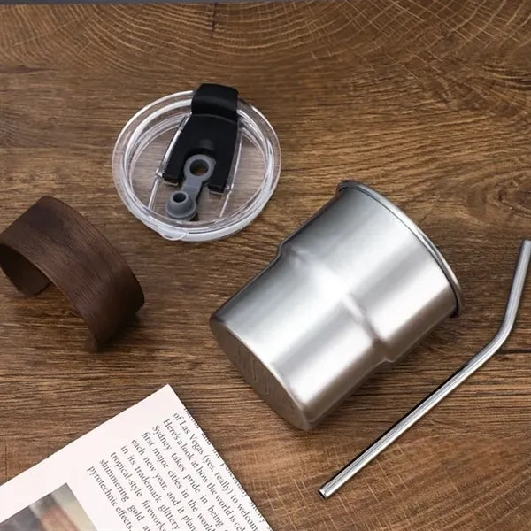 10oz Stainless Steel Cup Lid Straw Wood Sleeve Coffee Mug
