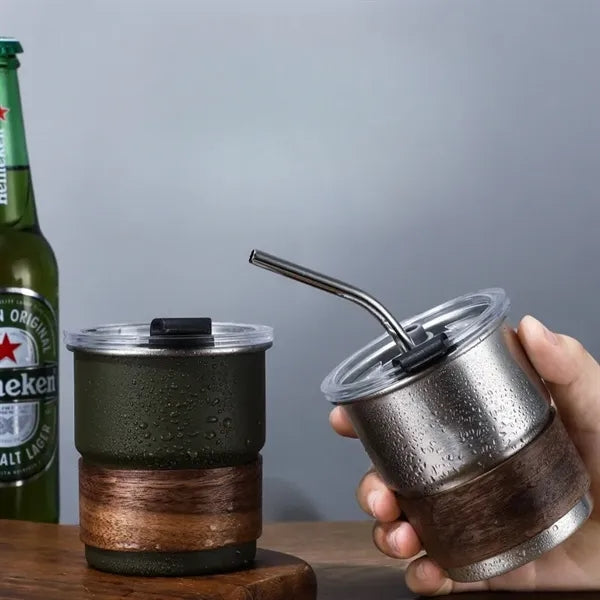 10oz Stainless Steel Cup Lid Straw Wood Sleeve Coffee Mug
