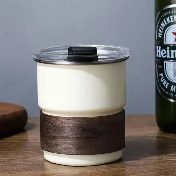 10oz Stainless Steel Cup Lid Straw Wood Sleeve Coffee Mug