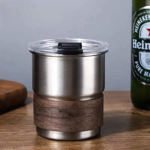 10oz Stainless Steel Cup Lid Straw Wood Sleeve Coffee Mug