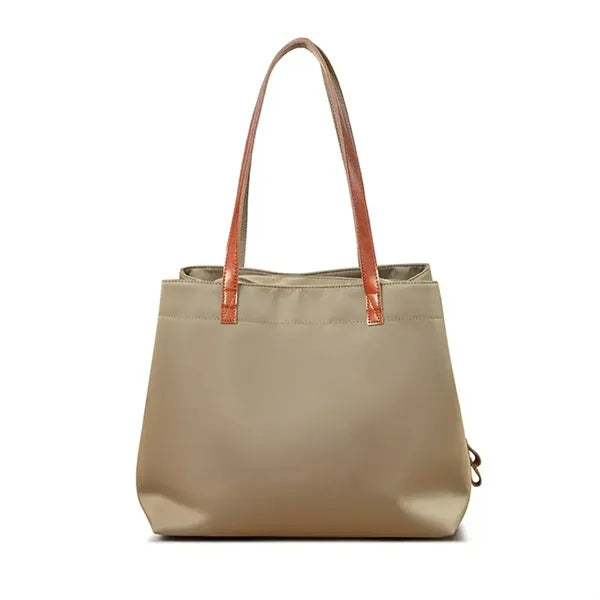 Nylon shoulder tote bag with leather straps