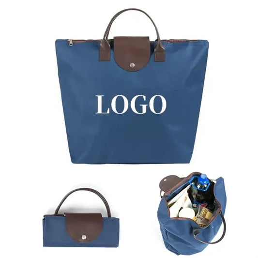 Large Capacity Foldable Nylon Tote Bag with Leather Accents