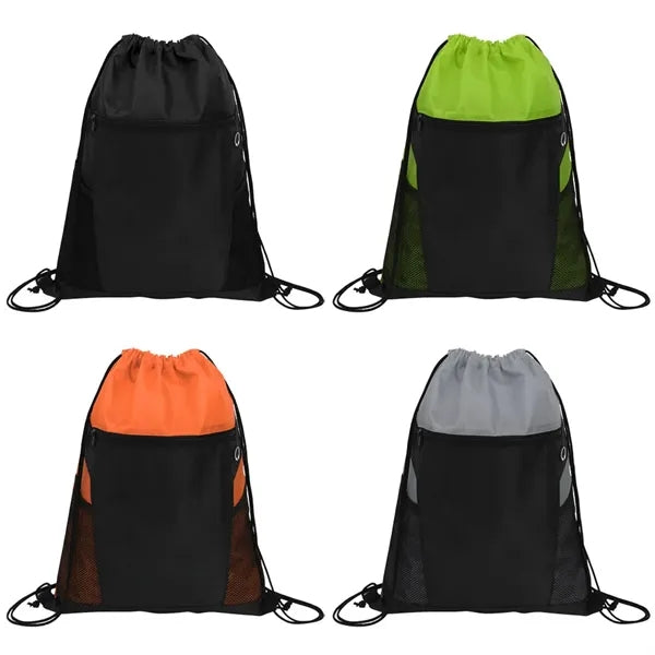 Mesh Pockets Drawstring Backpack With Zip