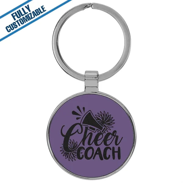 Round Metal Keychain With Engraved Leatherette Face