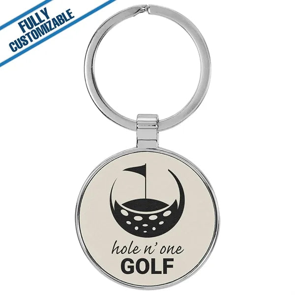 Round Metal Keychain With Engraved Leatherette Face