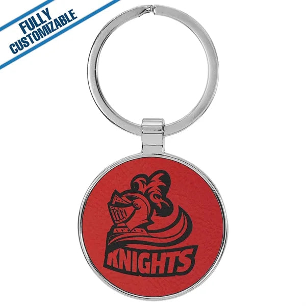 Round Metal Keychain With Engraved Leatherette Face