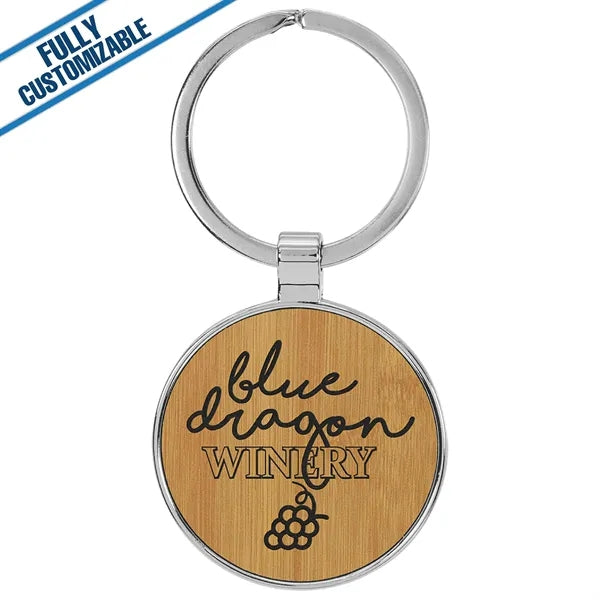 Round Metal Keychain With Engraved Leatherette Face