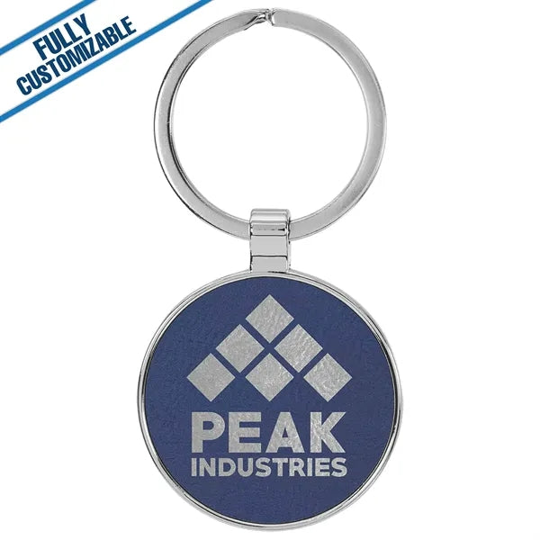 Round Metal Keychain With Engraved Leatherette Face