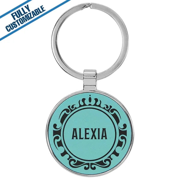 Round Metal Keychain With Engraved Leatherette Face