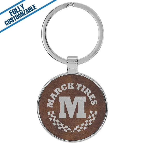 Round Metal Keychain With Engraved Leatherette Face