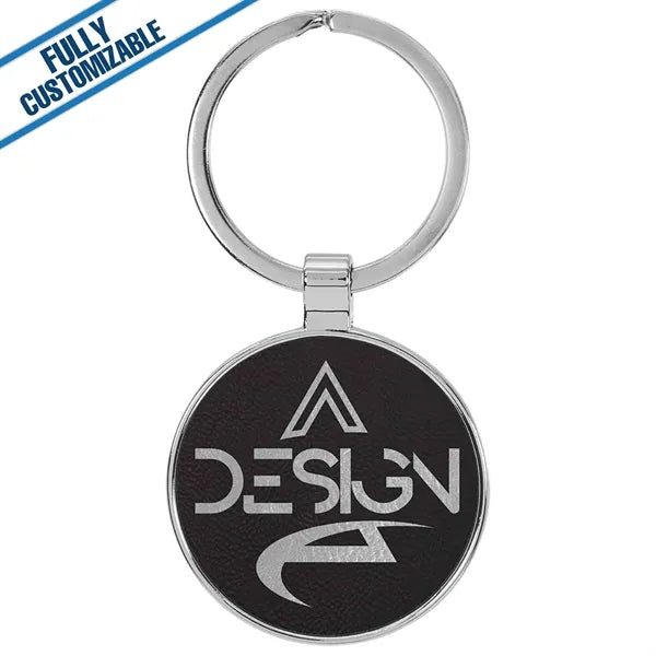 Round Metal Keychain With Engraved Leatherette Face