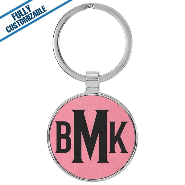 Round Metal Keychain With Engraved Leatherette Face