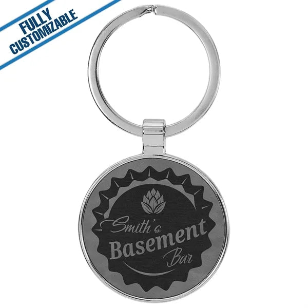 Round Metal Keychain With Engraved Leatherette Face