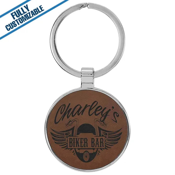 Round Metal Keychain With Engraved Leatherette Face