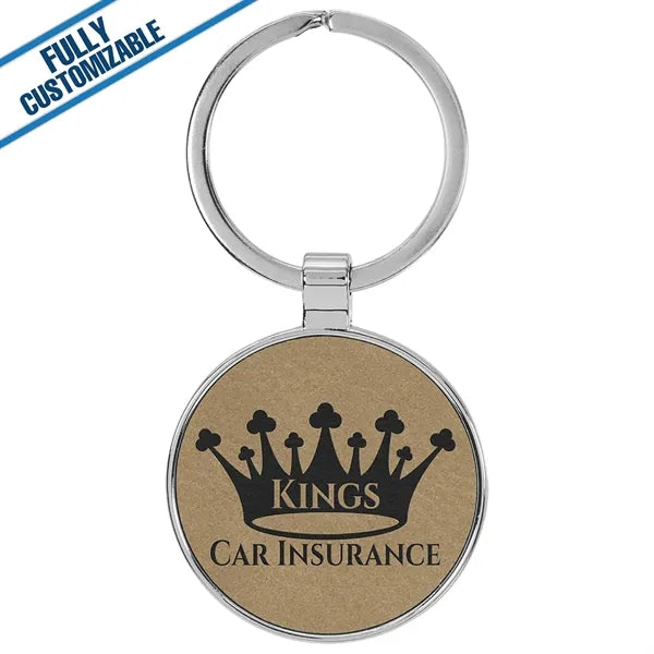 Round Metal Keychain With Engraved Leatherette Face