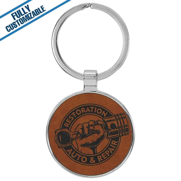 Round Metal Keychain With Engraved Leatherette Face