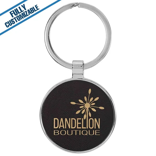 Round Metal Keychain With Engraved Leatherette Face