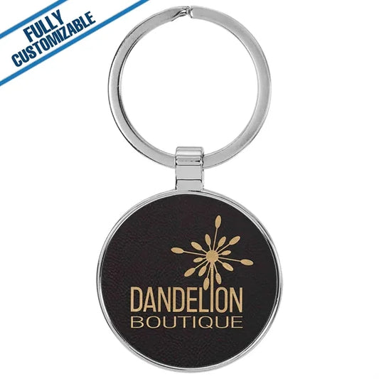 Round Metal Keychain With Engraved Leatherette Face