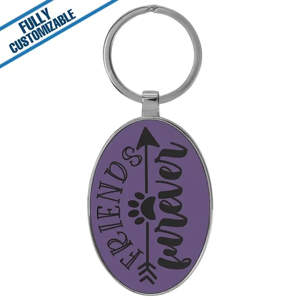 Oval Metal Keychain With Engraved Leatherette Face
