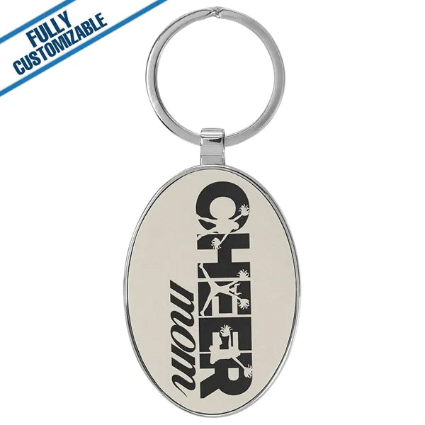 Oval Metal Keychain With Engraved Leatherette Face