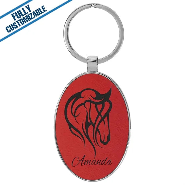 Oval Metal Keychain With Engraved Leatherette Face