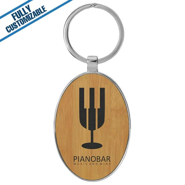 Oval Metal Keychain With Engraved Leatherette Face