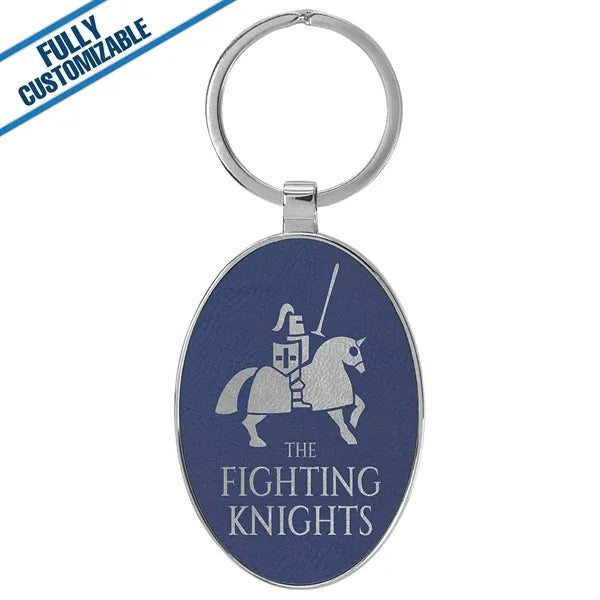Oval Metal Keychain With Engraved Leatherette Face