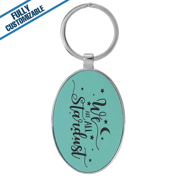 Oval Metal Keychain With Engraved Leatherette Face