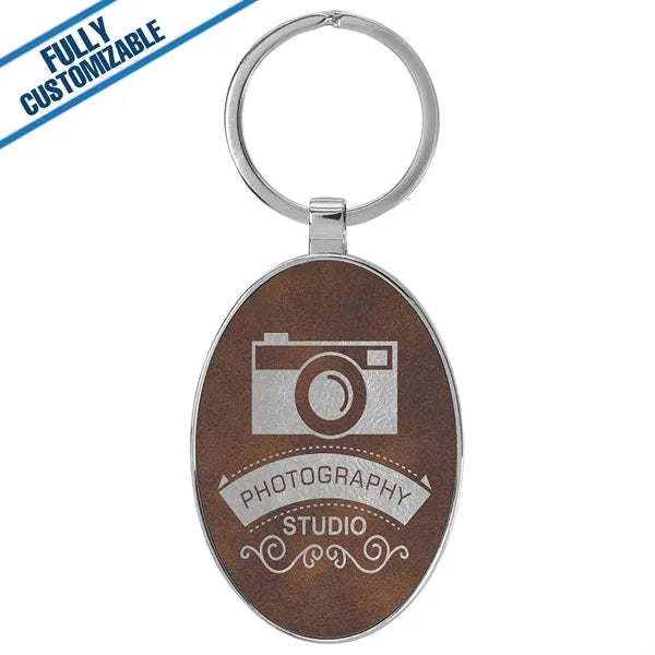 Oval Metal Keychain With Engraved Leatherette Face