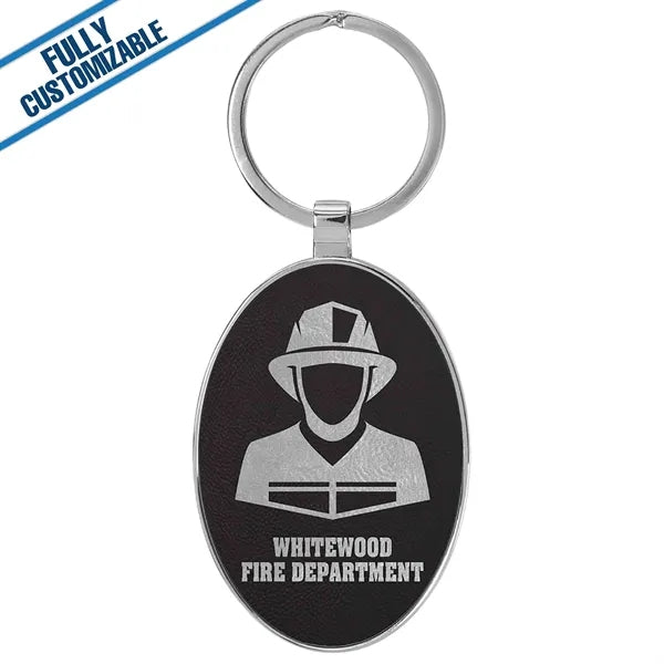Oval Metal Keychain With Engraved Leatherette Face