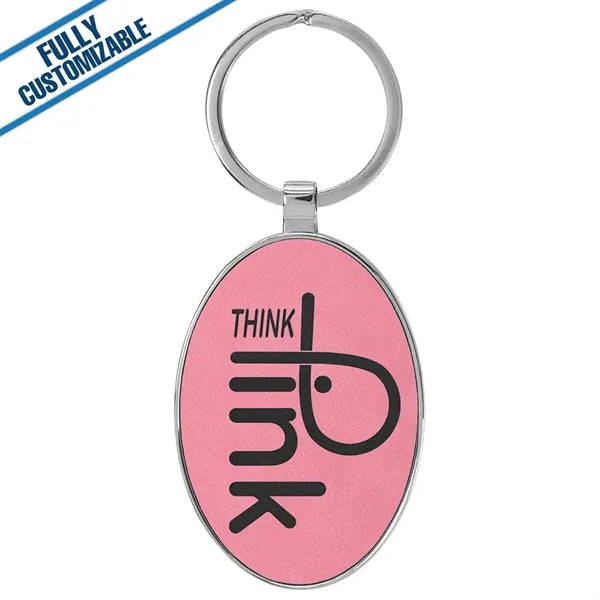 Oval Metal Keychain With Engraved Leatherette Face