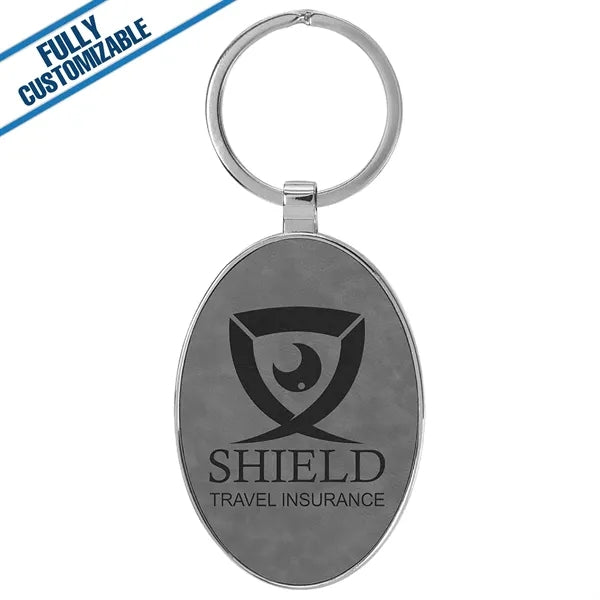 Oval Metal Keychain With Engraved Leatherette Face