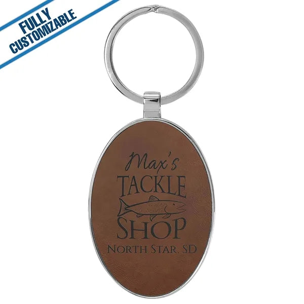 Oval Metal Keychain With Engraved Leatherette Face