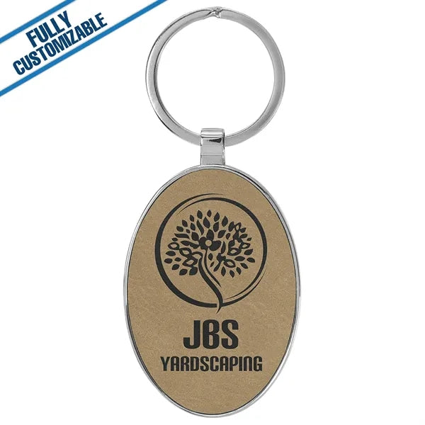 Oval Metal Keychain With Engraved Leatherette Face