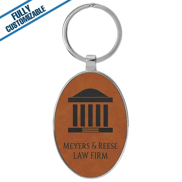 Oval Metal Keychain With Engraved Leatherette Face