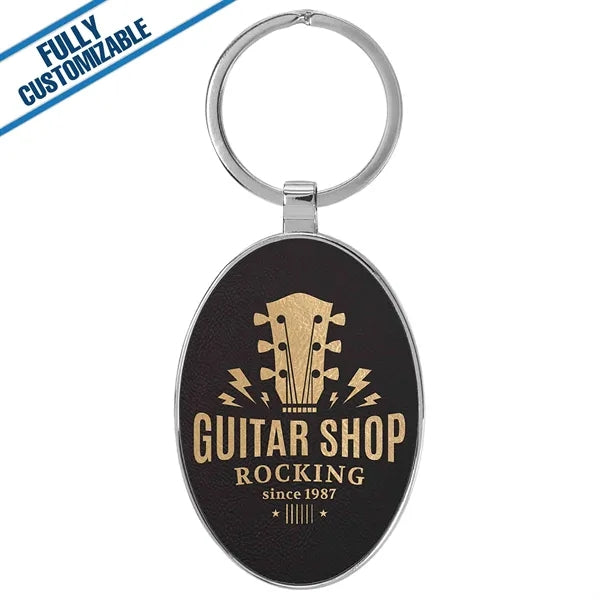 Oval Metal Keychain With Engraved Leatherette Face