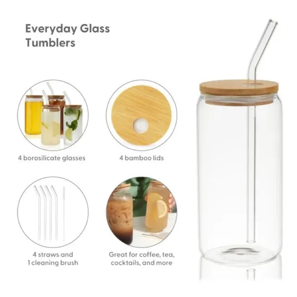 16 oz Glass Tumbler with Bamboo Lid and Straw