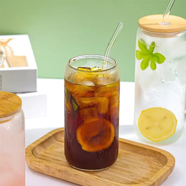 16 oz Glass Tumbler with Bamboo Lid and Straw