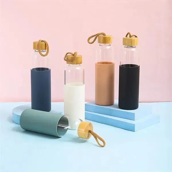 17oz Durable Leak-Proof Glass Water Bottle with Wooden Lid