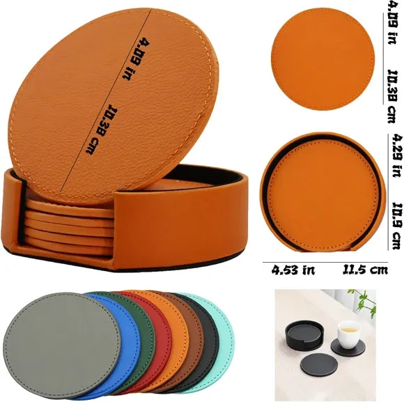 Set of 6 Round PU Leather Coasters