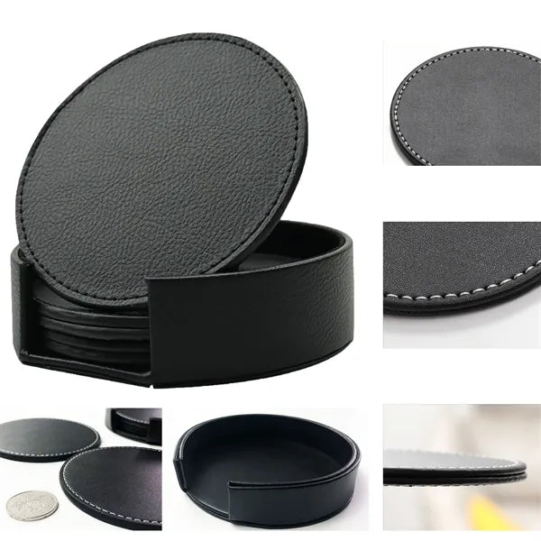 Set of 6 Round PU Leather Coasters