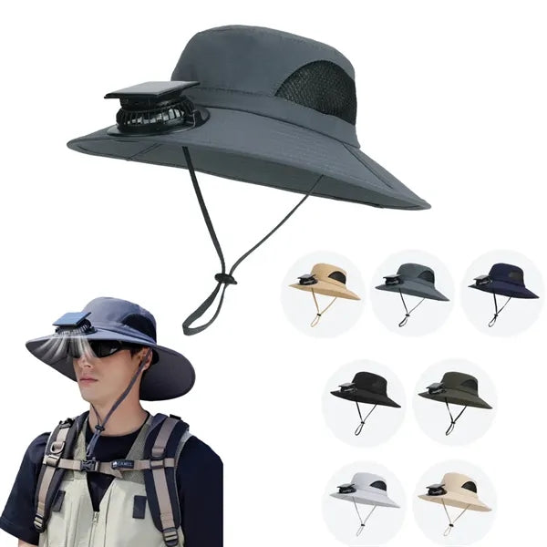 Solar Fan Cooling Hat Outdoor Wide Brim Bucket Cap