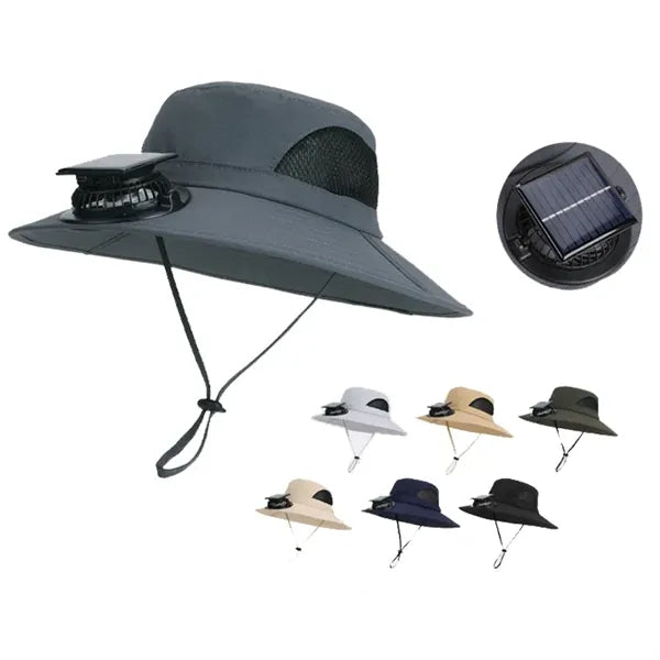 Solar Fan Cooling Hat Outdoor Wide Brim Bucket Cap