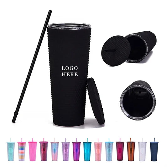24oz Double Wall Plastic Studded Tumbler With Straw