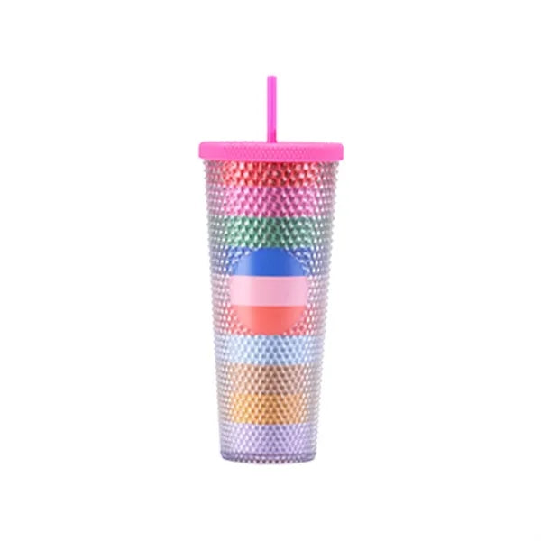 24oz Double Wall Plastic Studded Tumbler With Straw