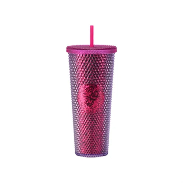 24oz Double Wall Plastic Studded Tumbler With Straw